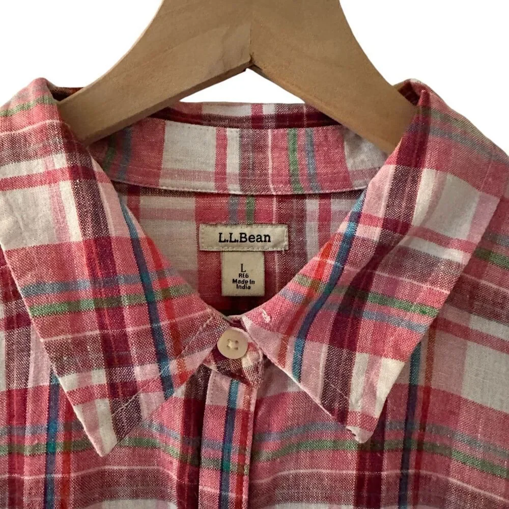 L.L. Bean Pink White Plaid 100% Linen‎ Button Up Long Sleeve Blouse Size L